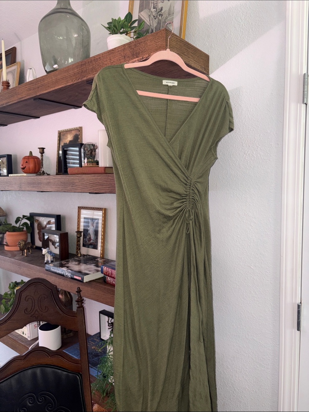Max Studio Olive Green Ruched Wrap Maxi Dress